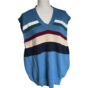 Vtg 80s 90s Haband blue green sweater vest striped men X-Large vneck top